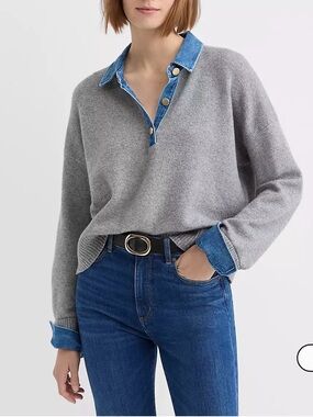 NWT LOFT Denim Trim Henley Sweater Women Medium Minimalist Old Money Preppy